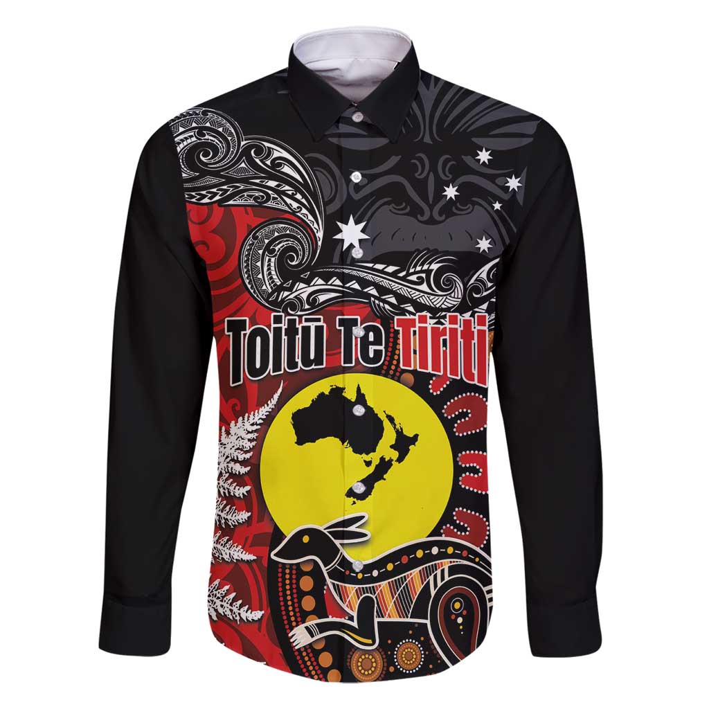 Aotearoa and Australia Toitu Te Tiriti Family Matching Off Shoulder Short Dress and Hawaiian Shirt Honour the Treaty - Te Tiriti Is Us LT03 Dad's Shirt - Long Sleeve Black - Polynesian Pride