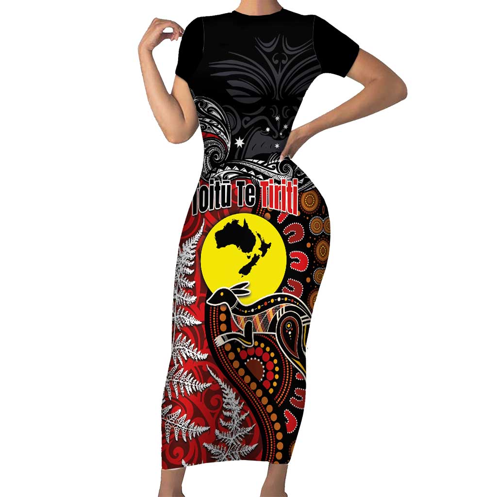 Aotearoa and Australia Toitu Te Tiriti Family Matching Short Sleeve Bodycon Dress and Hawaiian Shirt Honour the Treaty - Te Tiriti Is Us LT03 Mom's Dress Black - Polynesian Pride