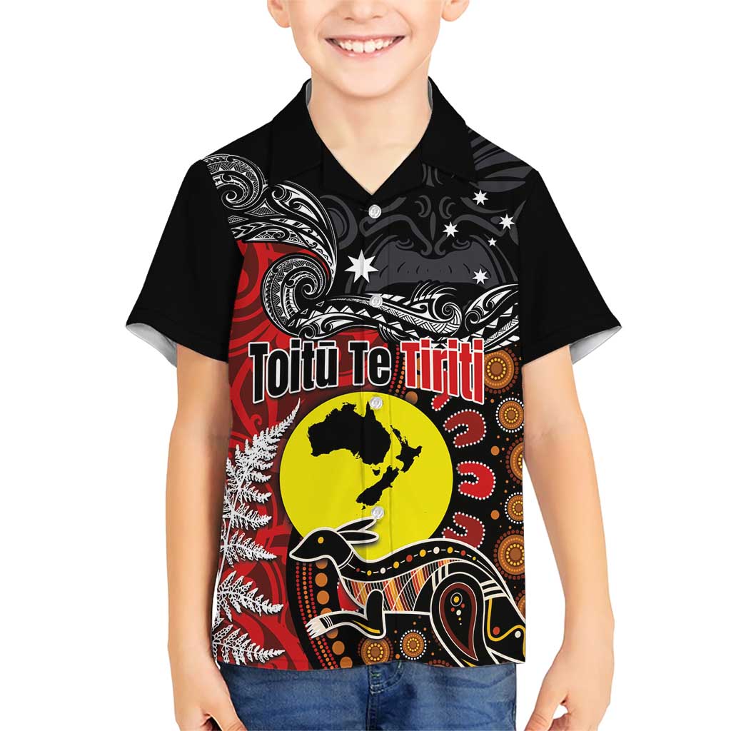 Aotearoa and Australia Toitu Te Tiriti Family Matching Short Sleeve Bodycon Dress and Hawaiian Shirt Honour the Treaty - Te Tiriti Is Us LT03 Son's Shirt Black - Polynesian Pride