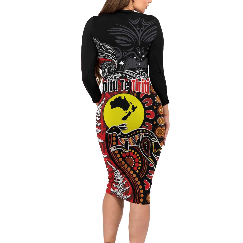 Aotearoa and Australia Toitu Te Tiriti Long Sleeve Bodycon Dress Honour the Treaty - Te Tiriti Is Us LT03 - Polynesian Pride
