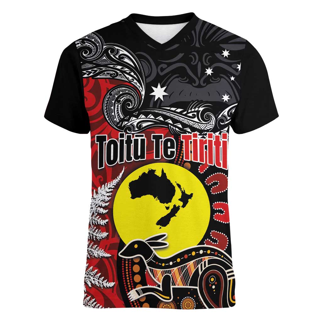 Aotearoa and Australia Toitu Te Tiriti Women V-Neck T-Shirt Honour the Treaty - Te Tiriti Is Us LT03 Female Black - Polynesian Pride