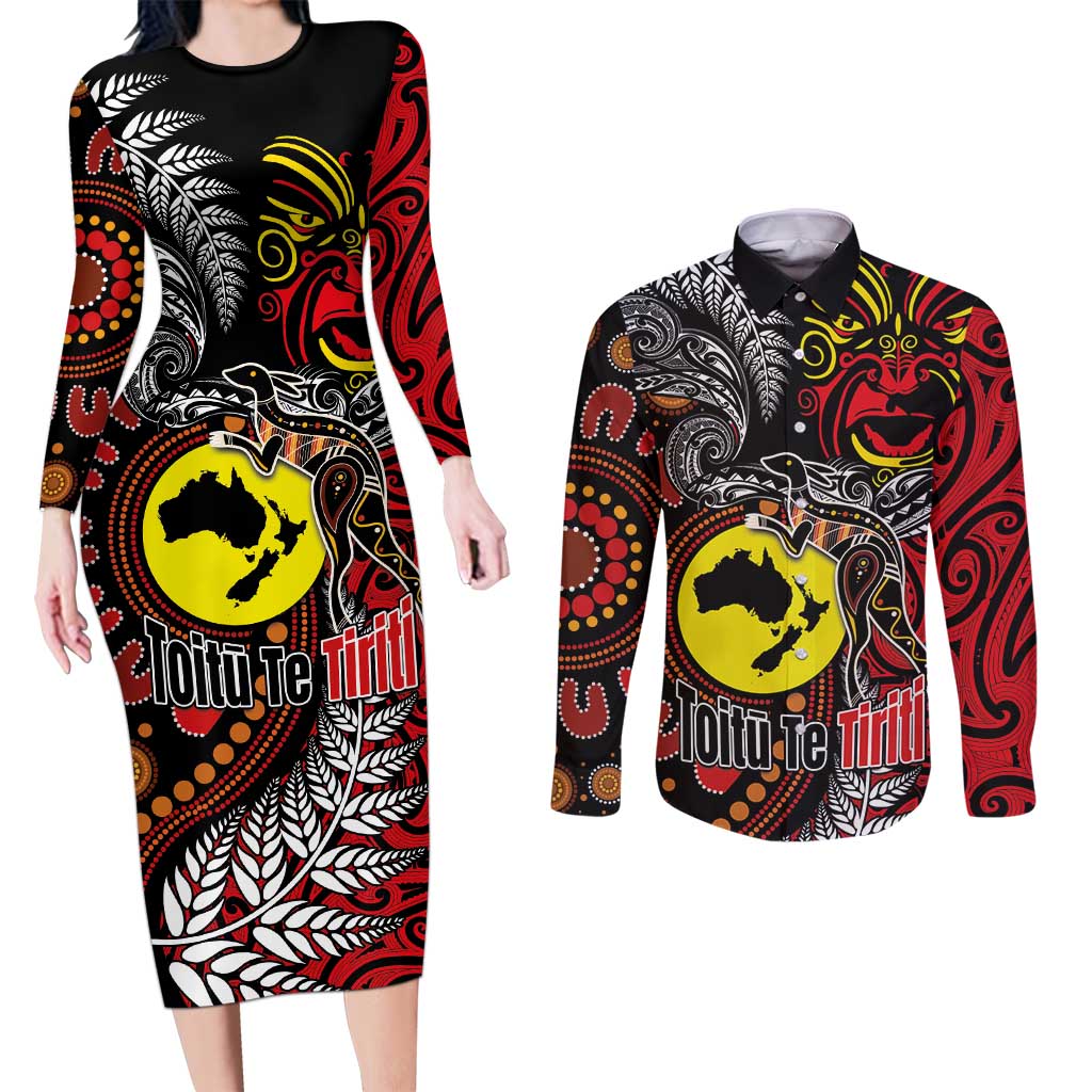 Aotearoa and Australia Toitu Te Tiriti Couples Matching Long Sleeve Bodycon Dress and Long Sleeve Button Shirt Honour the Treaty - Stand Together Stand Stronger LT03 Black - Polynesian Pride