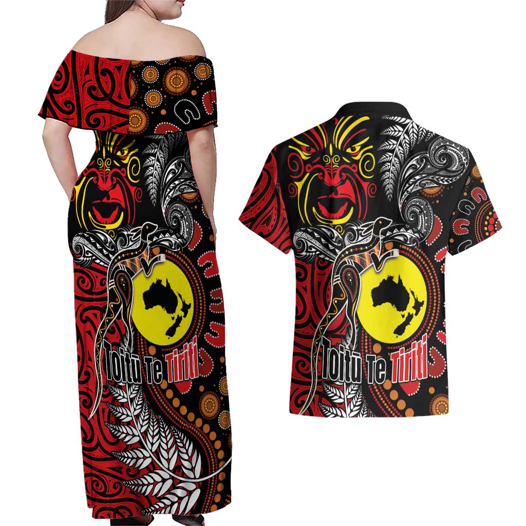 Aotearoa and Australia Toitu Te Tiriti Couples Matching Off Shoulder Maxi Dress and Hawaiian Shirt Honour the Treaty - Stand Together Stand Stronger LT03 - Polynesian Pride