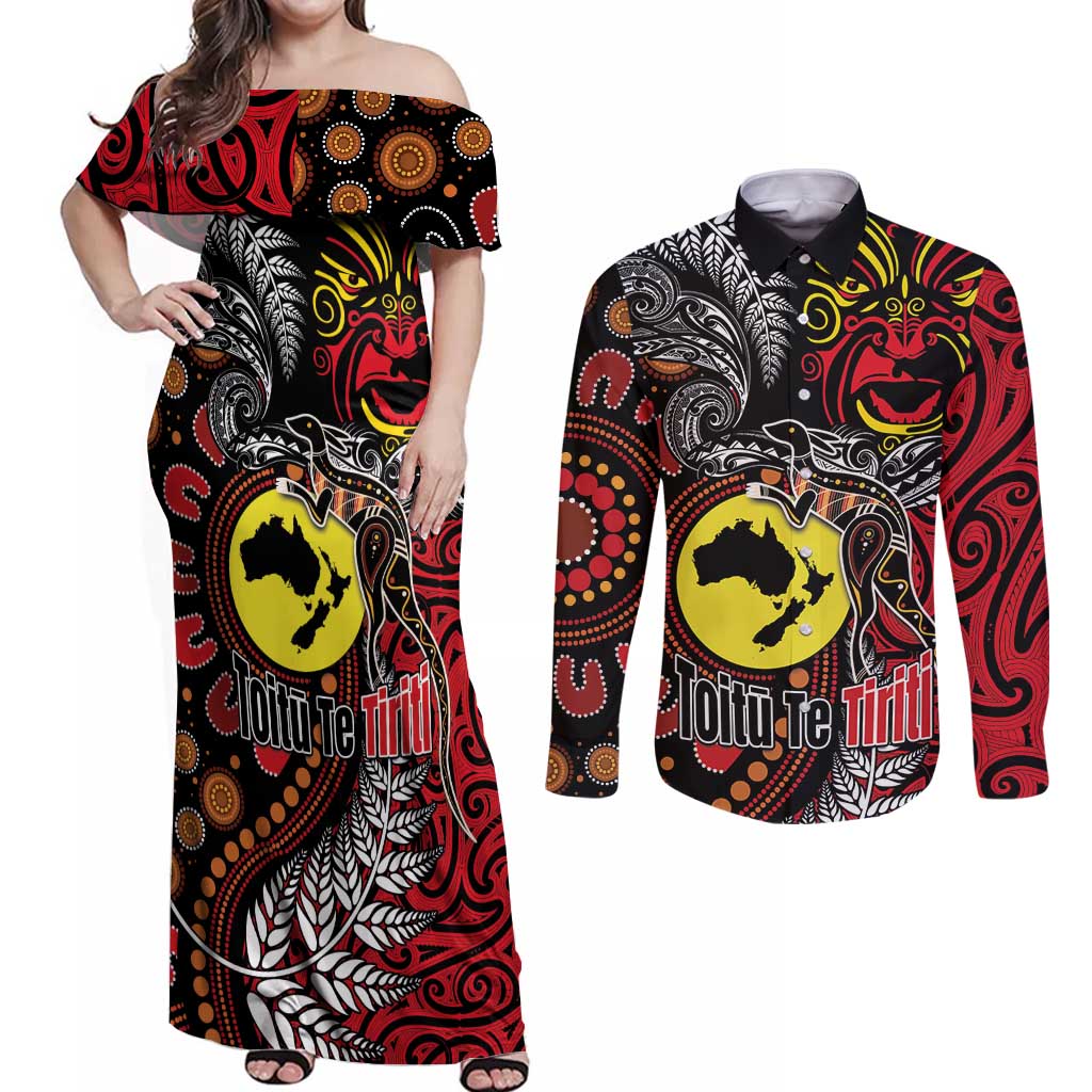 Aotearoa and Australia Toitu Te Tiriti Couples Matching Off Shoulder Maxi Dress and Long Sleeve Button Shirt Honour the Treaty - Stand Together Stand Stronger LT03 Black - Polynesian Pride