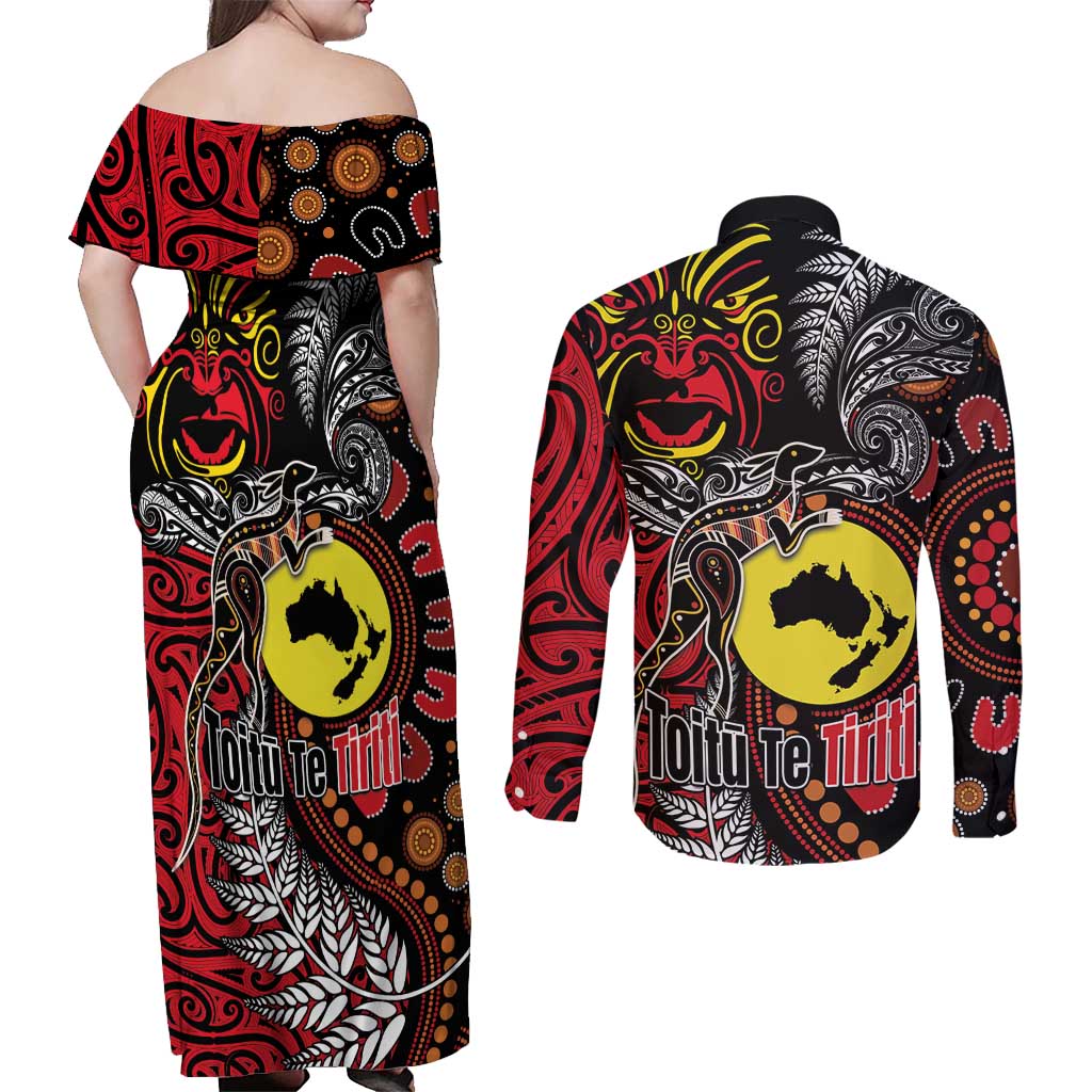 Aotearoa and Australia Toitu Te Tiriti Couples Matching Off Shoulder Maxi Dress and Long Sleeve Button Shirt Honour the Treaty - Stand Together Stand Stronger LT03 - Polynesian Pride