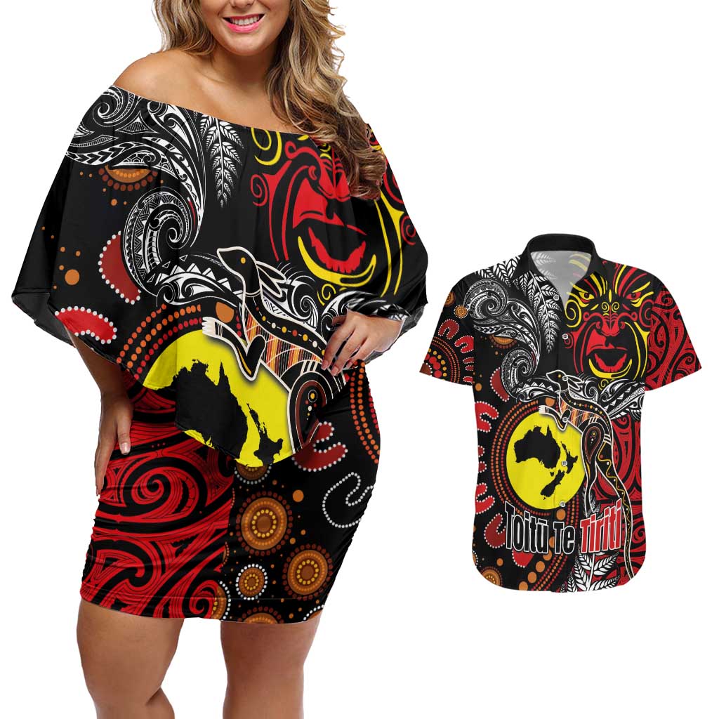 Aotearoa and Australia Toitu Te Tiriti Couples Matching Off Shoulder Short Dress and Hawaiian Shirt Honour the Treaty - Stand Together Stand Stronger LT03 Black - Polynesian Pride