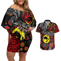 Aotearoa and Australia Toitu Te Tiriti Couples Matching Off Shoulder Short Dress and Hawaiian Shirt Honour the Treaty - Stand Together Stand Stronger LT03 Black - Polynesian Pride