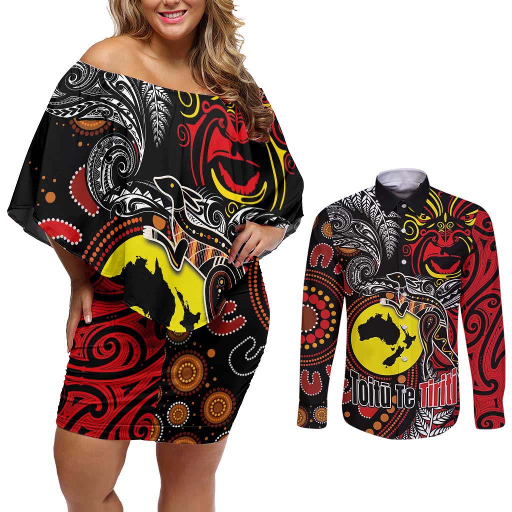 Aotearoa and Australia Toitu Te Tiriti Couples Matching Off Shoulder Short Dress and Long Sleeve Button Shirt Honour the Treaty - Stand Together Stand Stronger LT03 Black - Polynesian Pride