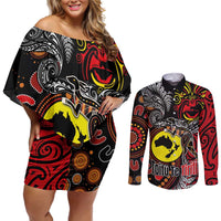 Aotearoa and Australia Toitu Te Tiriti Couples Matching Off Shoulder Short Dress and Long Sleeve Button Shirt Honour the Treaty - Stand Together Stand Stronger LT03 Black - Polynesian Pride
