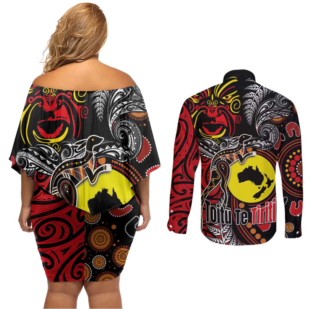 Aotearoa and Australia Toitu Te Tiriti Couples Matching Off Shoulder Short Dress and Long Sleeve Button Shirt Honour the Treaty - Stand Together Stand Stronger LT03 - Polynesian Pride