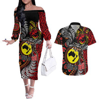 Aotearoa and Australia Toitu Te Tiriti Couples Matching Off The Shoulder Long Sleeve Dress and Hawaiian Shirt Honour the Treaty - Stand Together Stand Stronger LT03 Black - Polynesian Pride