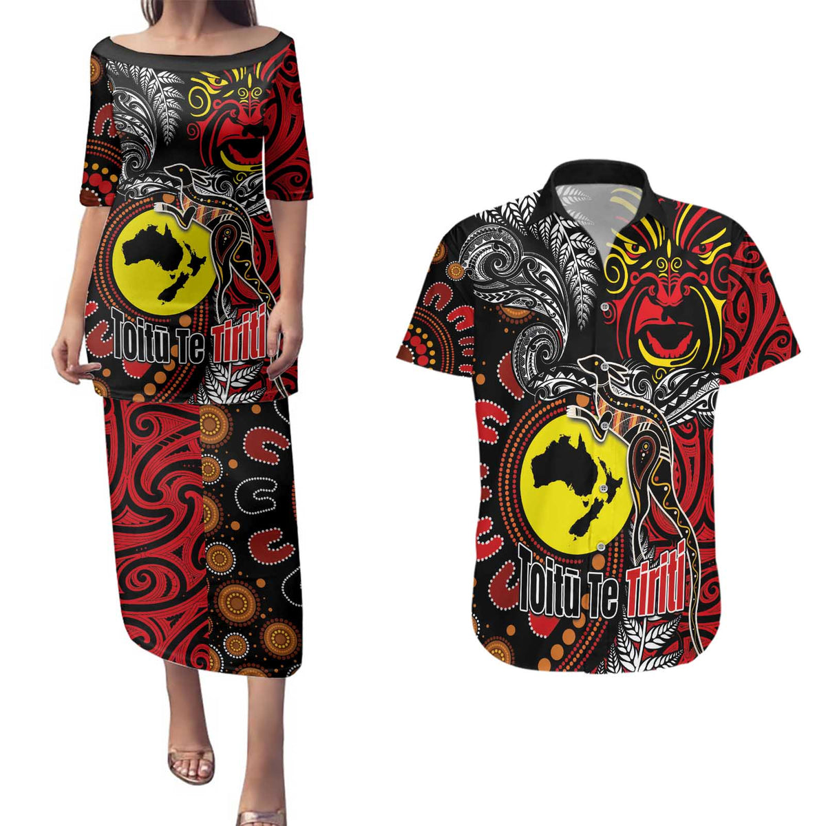 Aotearoa and Australia Toitu Te Tiriti Couples Matching Puletasi and Hawaiian Shirt Honour the Treaty - Stand Together Stand Stronger LT03 Black - Polynesian Pride