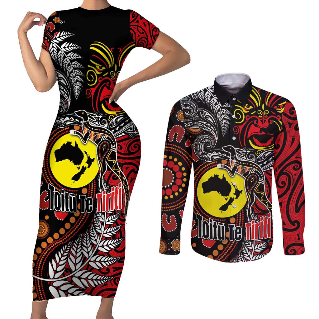 Aotearoa and Australia Toitu Te Tiriti Couples Matching Short Sleeve Bodycon Dress and Long Sleeve Button Shirt Honour the Treaty - Stand Together Stand Stronger LT03 Black - Polynesian Pride