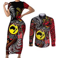 Aotearoa and Australia Toitu Te Tiriti Couples Matching Short Sleeve Bodycon Dress and Long Sleeve Button Shirt Honour the Treaty - Stand Together Stand Stronger LT03 Black - Polynesian Pride