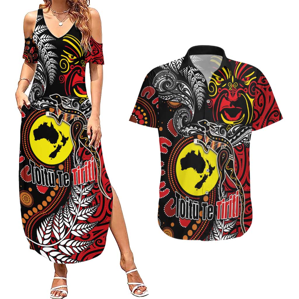 Aotearoa and Australia Toitu Te Tiriti Couples Matching Summer Maxi Dress and Hawaiian Shirt Honour the Treaty - Stand Together Stand Stronger LT03 Black - Polynesian Pride