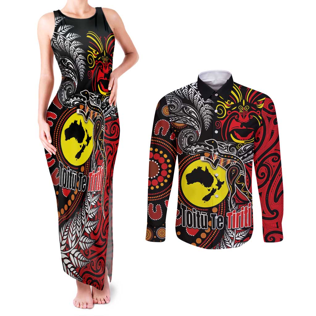 Aotearoa and Australia Toitu Te Tiriti Couples Matching Tank Maxi Dress and Long Sleeve Button Shirt Honour the Treaty - Stand Together Stand Stronger LT03 Black - Polynesian Pride
