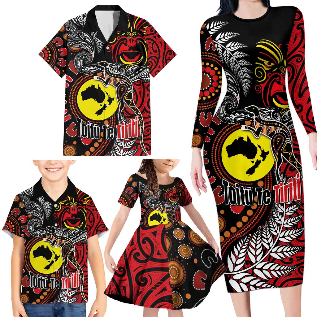 Aotearoa and Australia Toitu Te Tiriti Family Matching Long Sleeve Bodycon Dress and Hawaiian Shirt Honour the Treaty - Stand Together Stand Stronger LT03 - Polynesian Pride