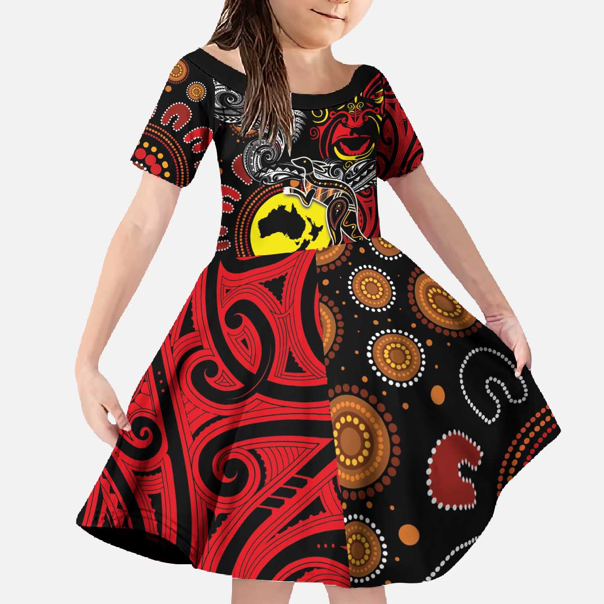 Aotearoa and Australia Toitu Te Tiriti Family Matching Off The Shoulder Long Sleeve Dress and Hawaiian Shirt Honour the Treaty - Stand Together Stand Stronger LT03 Daughter's Dress Black - Polynesian Pride