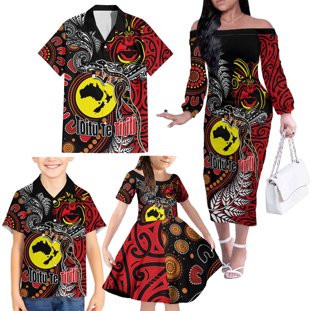 Aotearoa and Australia Toitu Te Tiriti Family Matching Off The Shoulder Long Sleeve Dress and Hawaiian Shirt Honour the Treaty - Stand Together Stand Stronger LT03 - Polynesian Pride