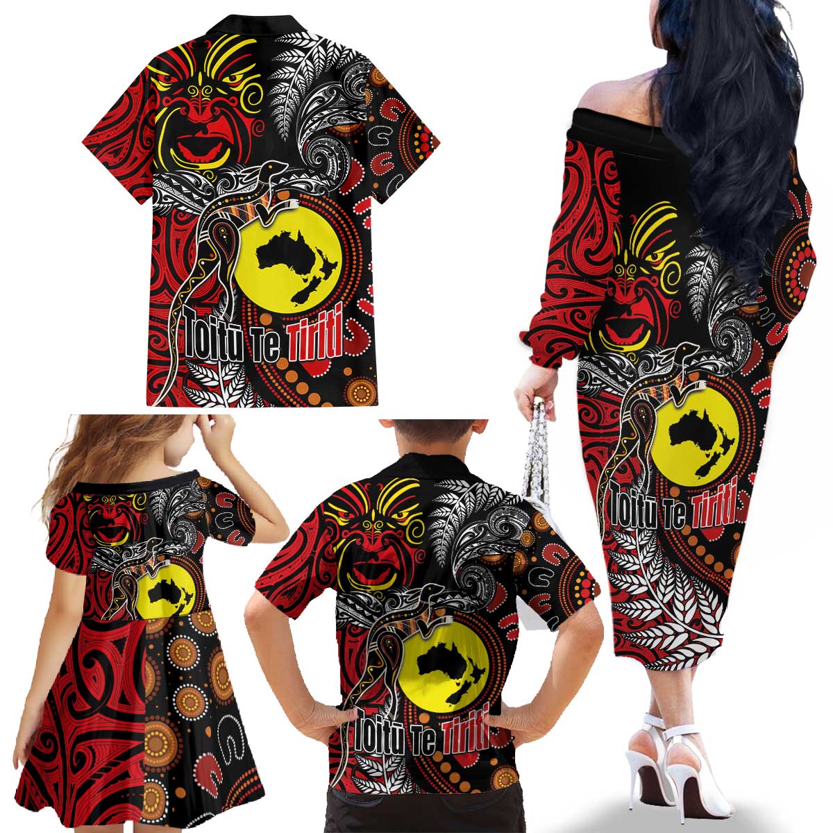 Aotearoa and Australia Toitu Te Tiriti Family Matching Off The Shoulder Long Sleeve Dress and Hawaiian Shirt Honour the Treaty - Stand Together Stand Stronger LT03 - Polynesian Pride
