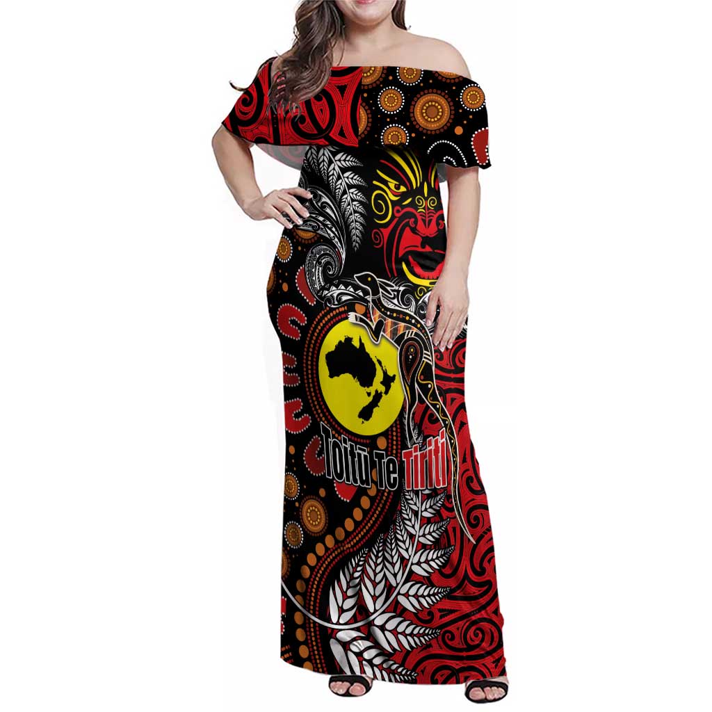Aotearoa and Australia Toitu Te Tiriti Family Matching Off Shoulder Maxi Dress and Hawaiian Shirt Honour the Treaty - Stand Together Stand Stronger LT03 Mom's Dress Black - Polynesian Pride