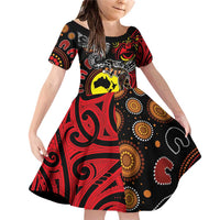 Aotearoa and Australia Toitu Te Tiriti Family Matching Off Shoulder Short Dress and Hawaiian Shirt Honour the Treaty - Stand Together Stand Stronger LT03 Daughter's Dress Black - Polynesian Pride