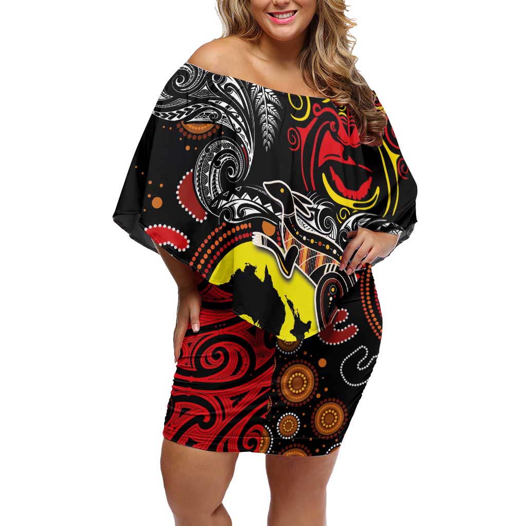 Aotearoa and Australia Toitu Te Tiriti Family Matching Off Shoulder Short Dress and Hawaiian Shirt Honour the Treaty - Stand Together Stand Stronger LT03 Mom's Dress Black - Polynesian Pride