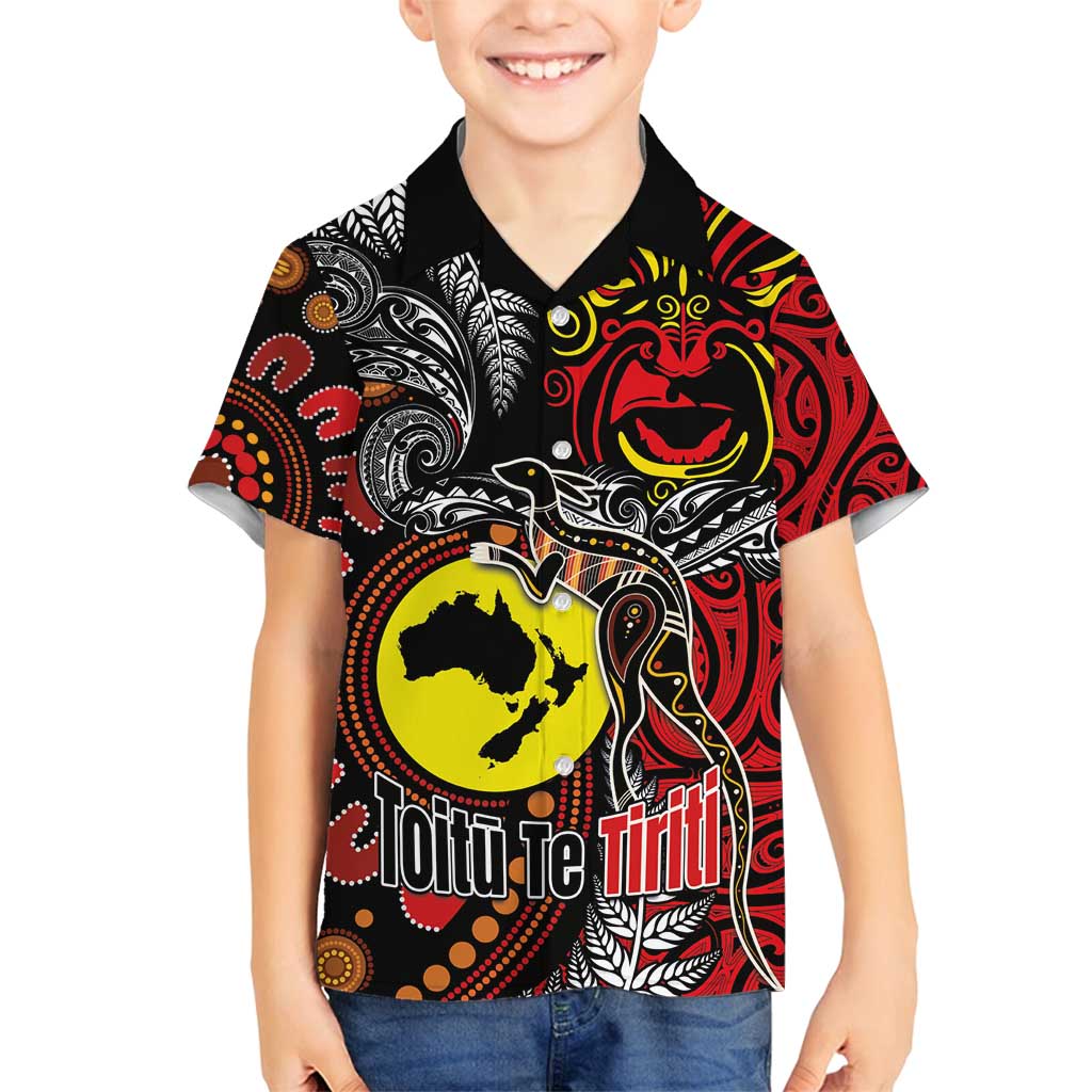 Aotearoa and Australia Toitu Te Tiriti Family Matching Off Shoulder Short Dress and Hawaiian Shirt Honour the Treaty - Stand Together Stand Stronger LT03 Son's Shirt Black - Polynesian Pride