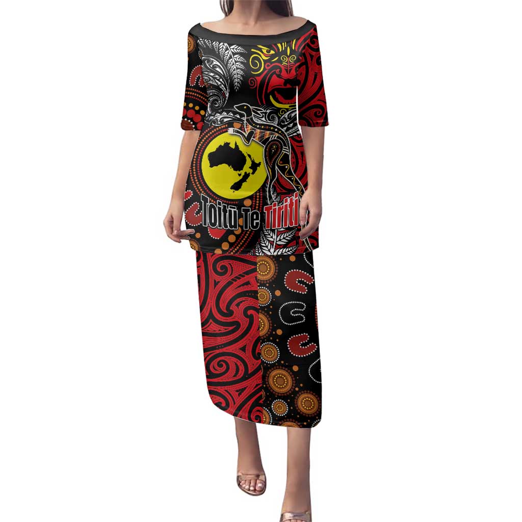 Aotearoa and Australia Toitu Te Tiriti Family Matching Puletasi and Hawaiian Shirt Honour the Treaty - Stand Together Stand Stronger LT03 Mom's Dress Black - Polynesian Pride