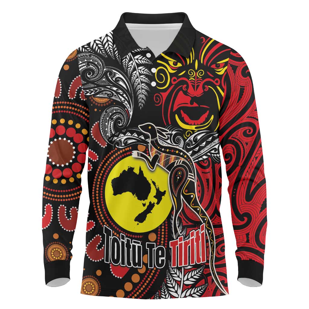 Aotearoa and Australia Toitu Te Tiriti Long Sleeve Polo Shirt Honour the Treaty - Stand Together Stand Stronger LT03 Black - Polynesian Pride