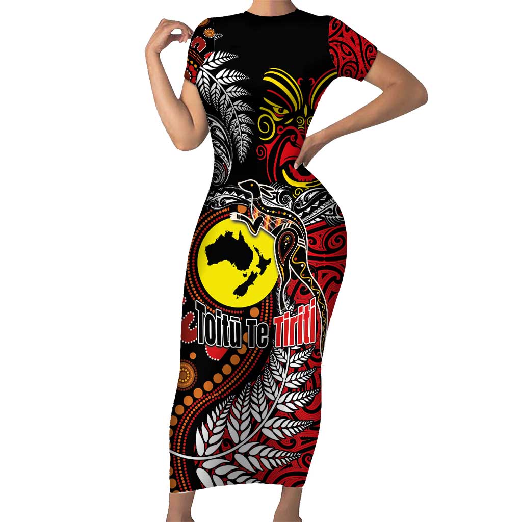 Aotearoa and Australia Toitu Te Tiriti Short Sleeve Bodycon Dress Honour the Treaty - Stand Together Stand Stronger LT03 Long Dress Black - Polynesian Pride