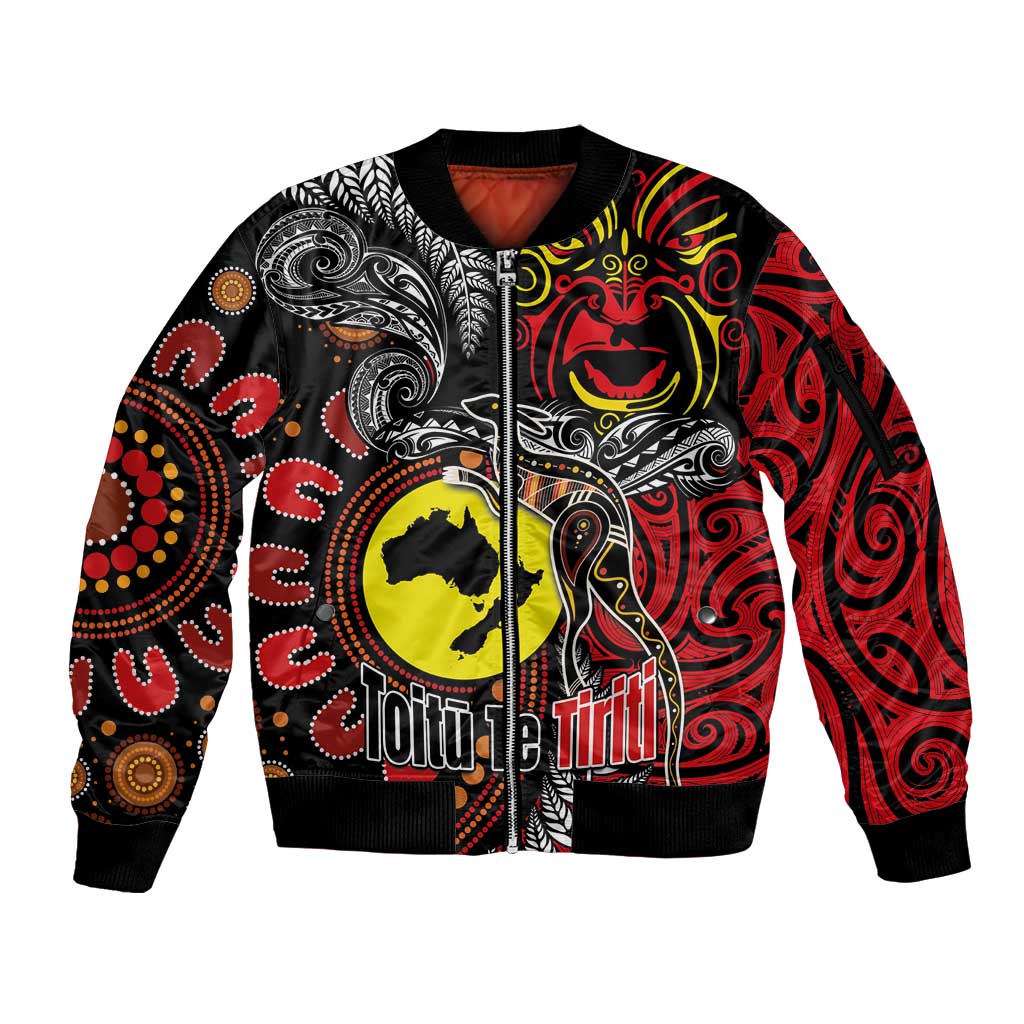 Aotearoa and Australia Toitu Te Tiriti Sleeve Zip Bomber Jacket Honour the Treaty - Stand Together Stand Stronger LT03 Unisex Black - Polynesian Pride