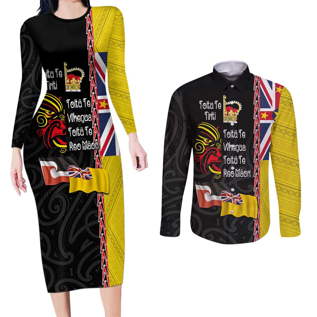 Aotearoa and Niue Toitu Te Tiriti Couples Matching Long Sleeve Bodycon Dress and Long Sleeve Button Shirt Honour the Treaty - Fight Together Stand Together LT03 Black - Polynesian Pride