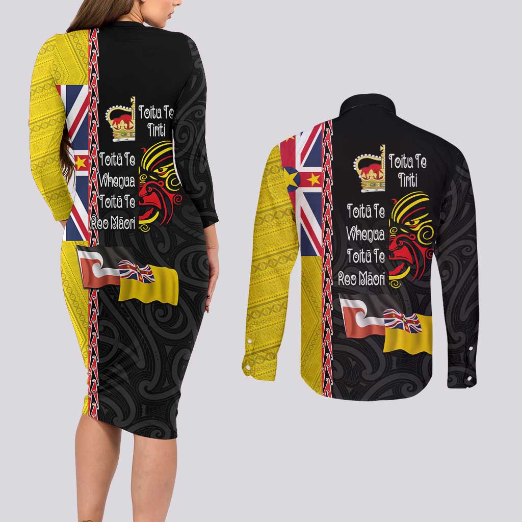 Aotearoa and Niue Toitu Te Tiriti Couples Matching Long Sleeve Bodycon Dress and Long Sleeve Button Shirt Honour the Treaty - Fight Together Stand Together LT03 - Polynesian Pride