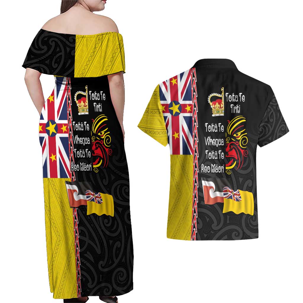 Aotearoa and Niue Toitu Te Tiriti Couples Matching Off Shoulder Maxi Dress and Hawaiian Shirt Honour the Treaty - Fight Together Stand Together LT03 - Polynesian Pride