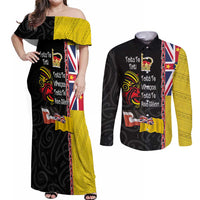 Aotearoa and Niue Toitu Te Tiriti Couples Matching Off Shoulder Maxi Dress and Long Sleeve Button Shirt Honour the Treaty - Fight Together Stand Together LT03 Black - Polynesian Pride