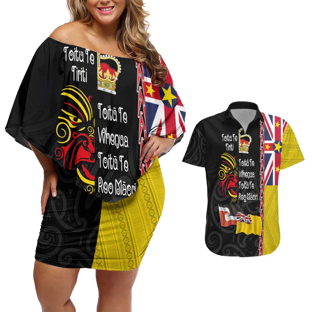 Aotearoa and Niue Toitu Te Tiriti Couples Matching Off Shoulder Short Dress and Hawaiian Shirt Honour the Treaty - Fight Together Stand Together LT03 Black - Polynesian Pride