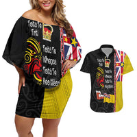Aotearoa and Niue Toitu Te Tiriti Couples Matching Off Shoulder Short Dress and Hawaiian Shirt Honour the Treaty - Fight Together Stand Together LT03 Black - Polynesian Pride