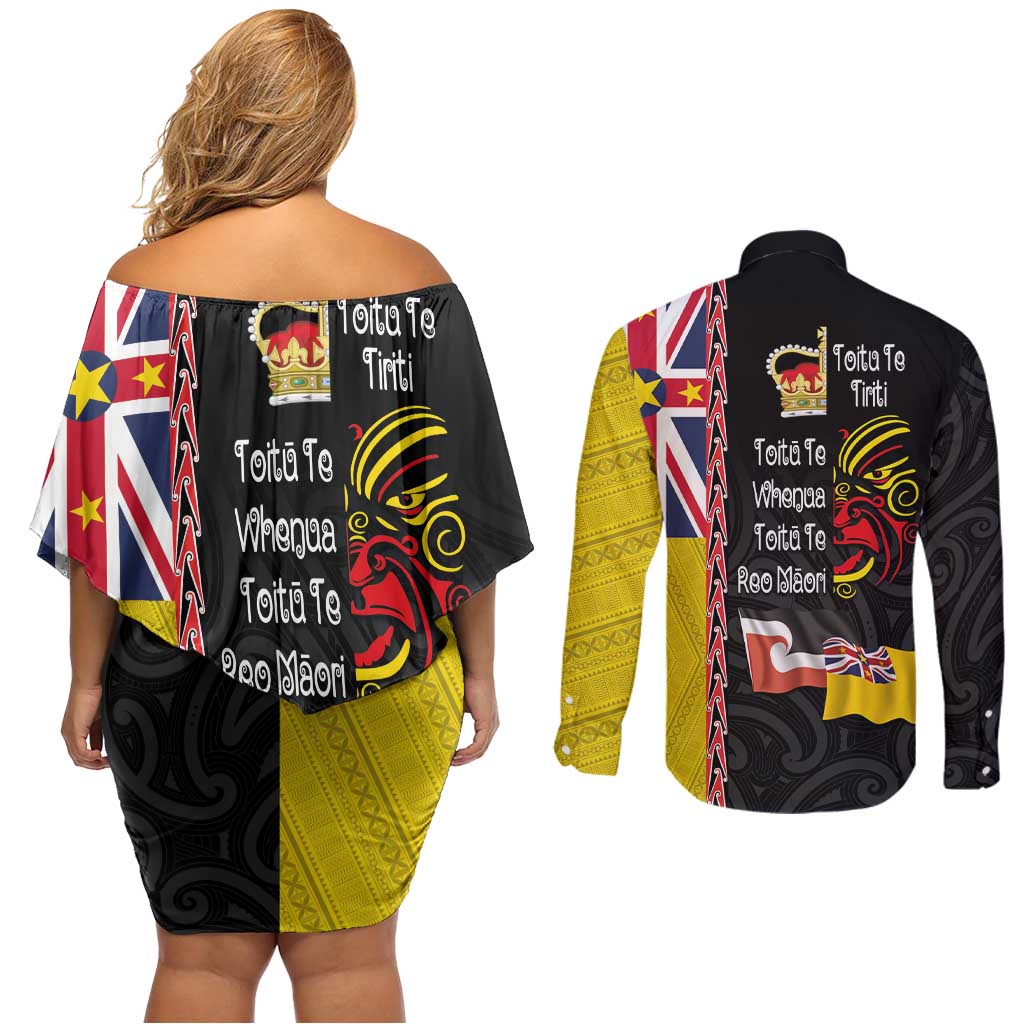 Aotearoa and Niue Toitu Te Tiriti Couples Matching Off Shoulder Short Dress and Long Sleeve Button Shirt Honour the Treaty - Fight Together Stand Together LT03 - Polynesian Pride
