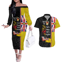 Aotearoa and Niue Toitu Te Tiriti Couples Matching Off The Shoulder Long Sleeve Dress and Hawaiian Shirt Honour the Treaty - Fight Together Stand Together LT03 Black - Polynesian Pride