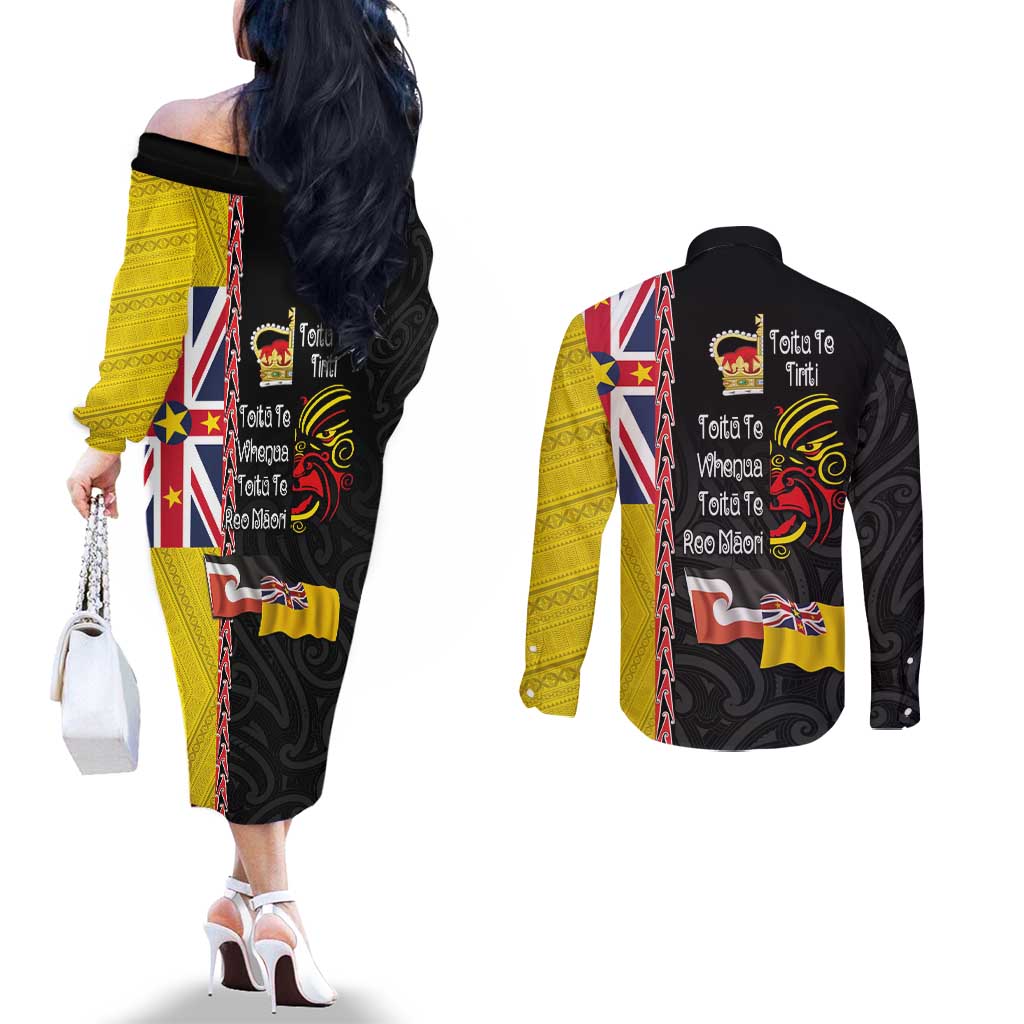Aotearoa and Niue Toitu Te Tiriti Couples Matching Off The Shoulder Long Sleeve Dress and Long Sleeve Button Shirt Honour the Treaty - Fight Together Stand Together LT03 - Polynesian Pride