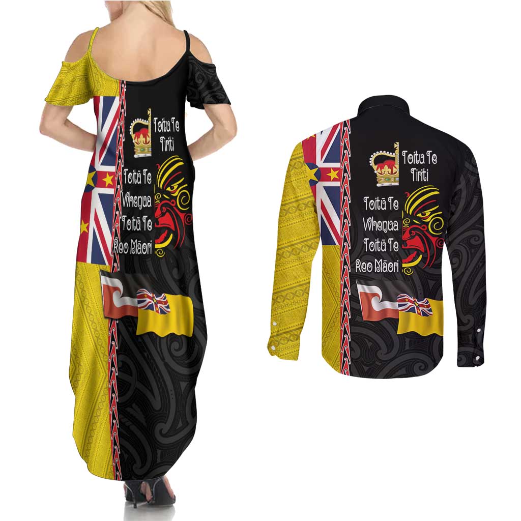 Aotearoa and Niue Toitu Te Tiriti Couples Matching Summer Maxi Dress and Long Sleeve Button Shirt Honour the Treaty - Fight Together Stand Together LT03 - Polynesian Pride