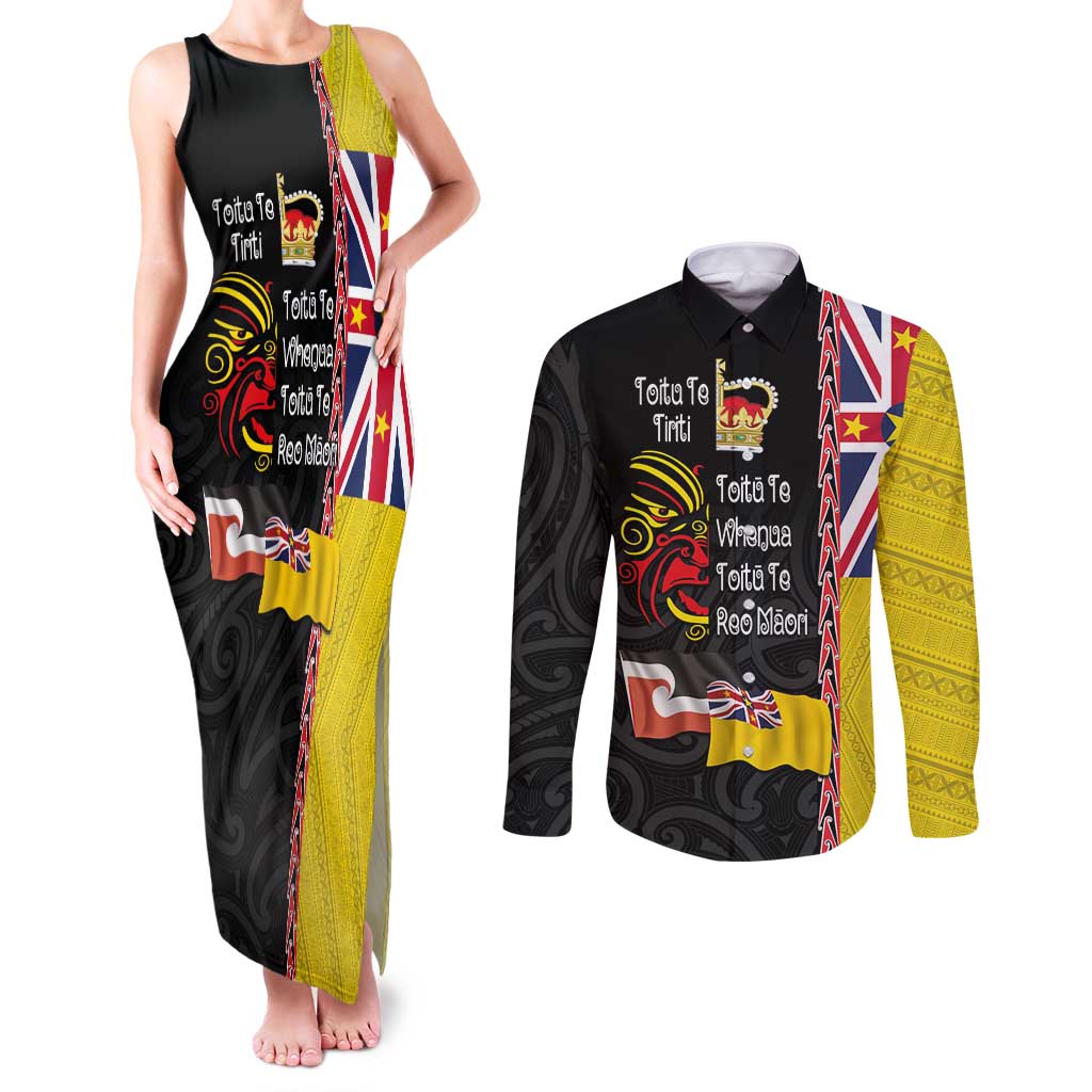 Aotearoa and Niue Toitu Te Tiriti Couples Matching Tank Maxi Dress and Long Sleeve Button Shirt Honour the Treaty - Fight Together Stand Together LT03 Black - Polynesian Pride