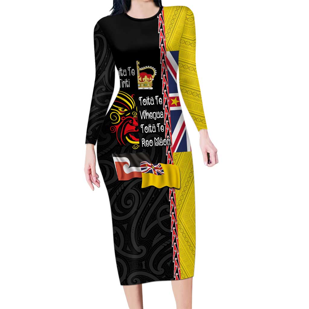 Aotearoa and Niue Toitu Te Tiriti Family Matching Long Sleeve Bodycon Dress and Hawaiian Shirt Honour the Treaty - Fight Together Stand Together LT03 Mom's Dress Black - Polynesian Pride