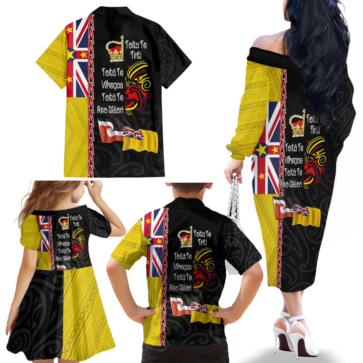 Aotearoa and Niue Toitu Te Tiriti Family Matching Off The Shoulder Long Sleeve Dress and Hawaiian Shirt Honour the Treaty - Fight Together Stand Together LT03 - Polynesian Pride