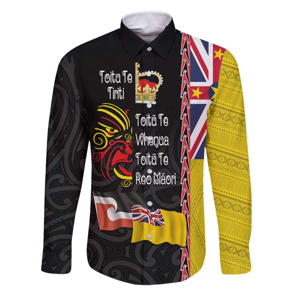 Aotearoa and Niue Toitu Te Tiriti Family Matching Off Shoulder Maxi Dress and Hawaiian Shirt Honour the Treaty - Fight Together Stand Together LT03 Dad's Shirt - Long Sleeve Black - Polynesian Pride