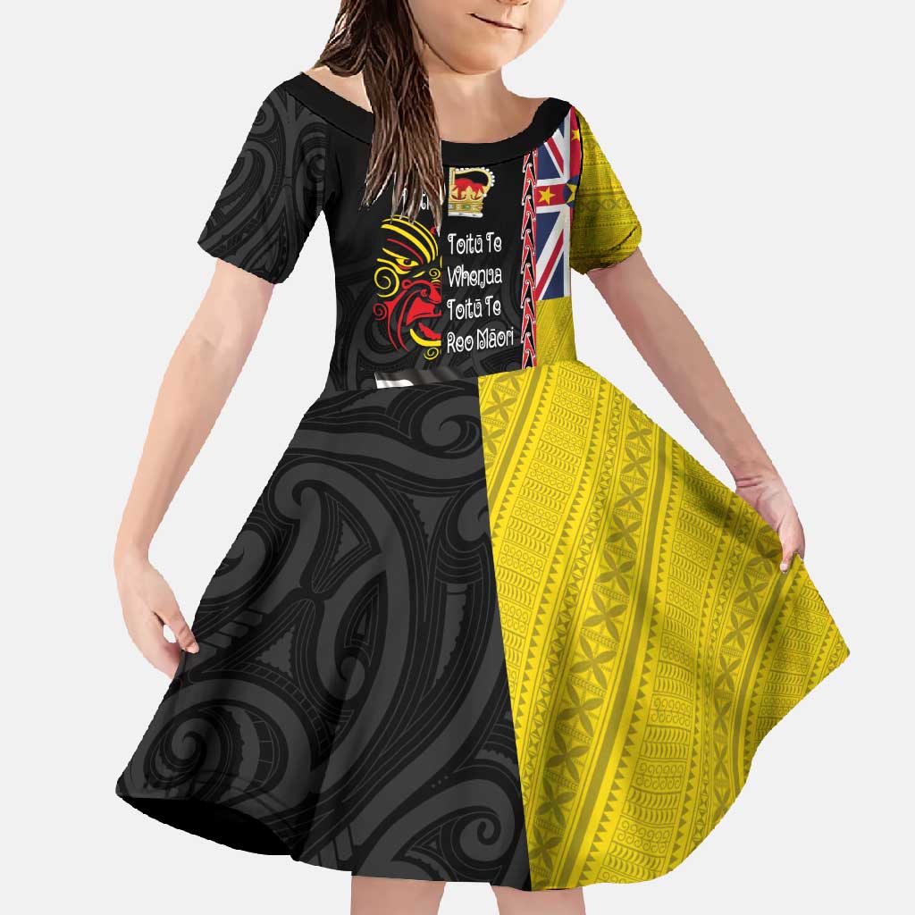 Aotearoa and Niue Toitu Te Tiriti Family Matching Short Sleeve Bodycon Dress and Hawaiian Shirt Honour the Treaty - Fight Together Stand Together LT03 Daughter's Dress Black - Polynesian Pride