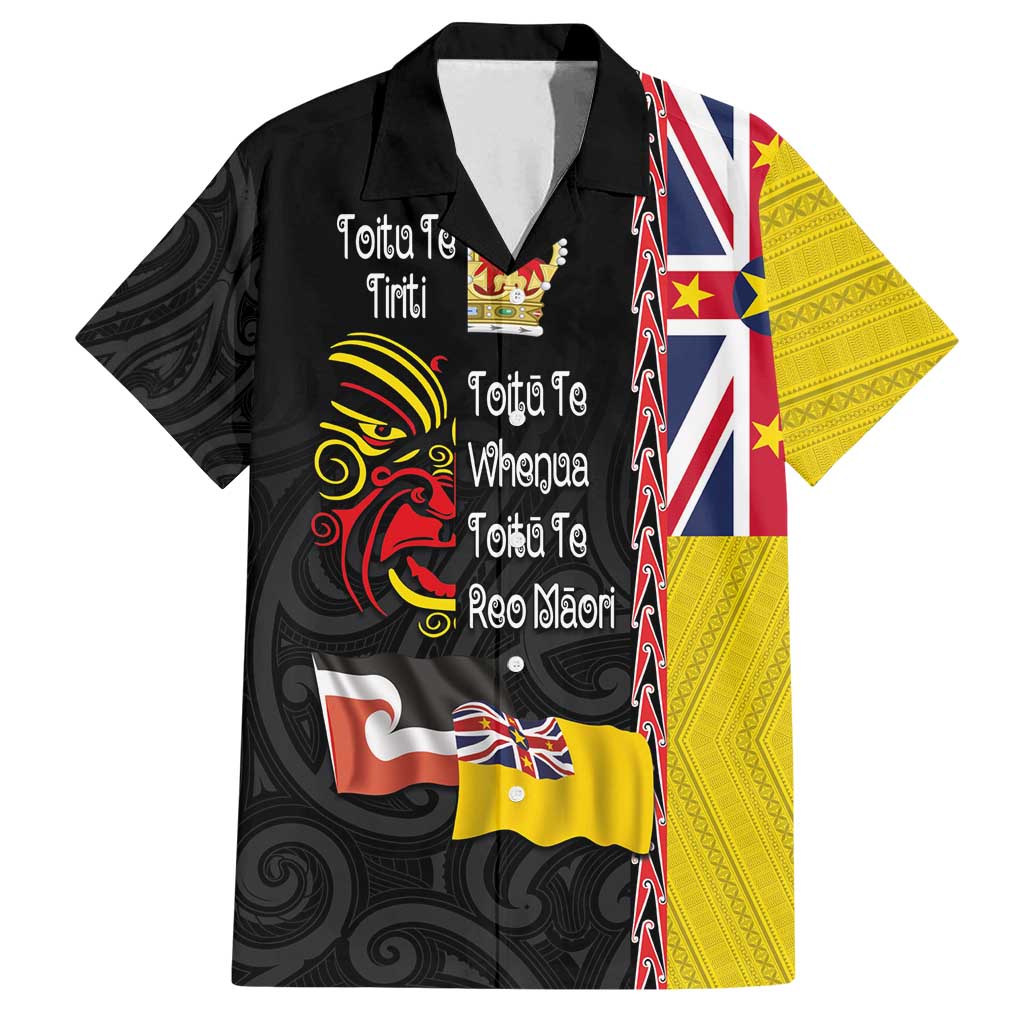 Aotearoa and Niue Toitu Te Tiriti Family Matching Tank Maxi Dress and Hawaiian Shirt Honour the Treaty - Fight Together Stand Together LT03 Dad's Shirt - Short Sleeve Black - Polynesian Pride