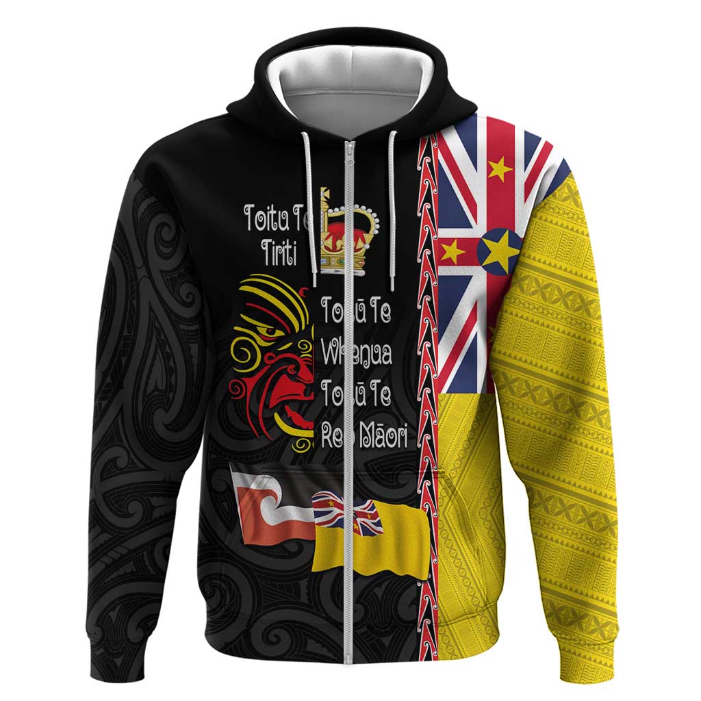Aotearoa and Niue Toitu Te Tiriti Hoodie Honour the Treaty - Fight Together Stand Together LT03 Zip Hoodie Black - Polynesian Pride