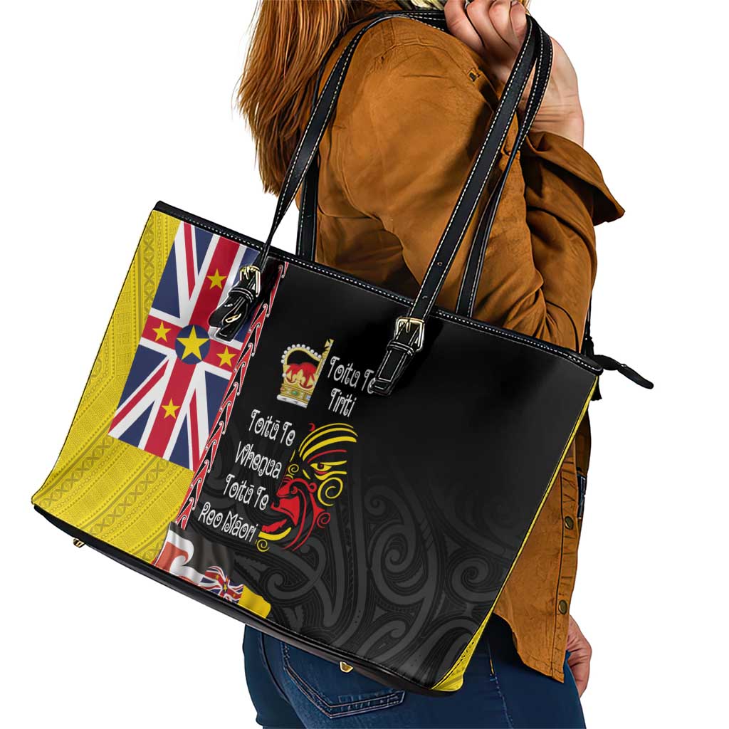Aotearoa and Niue Toitu Te Tiriti Leather Tote Bag Honour the Treaty - Fight Together Stand Together LT03 - Polynesian Pride